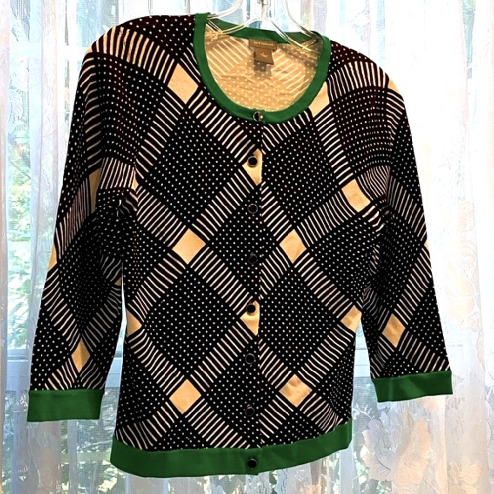 Ann Taylor navy green & white geometric silk blend 3/4 sleeve cardigan EUC Small